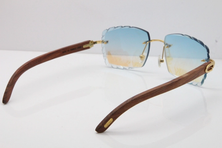 Cartier Rimless 8300816 Original Wood Sunglasses In Gold Ice Blue Carved Lens