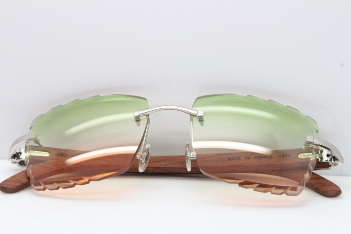 Cartier Rimless 8300816 Original Wood Sunglasses In Gold Green Mix Brown Carved Lens