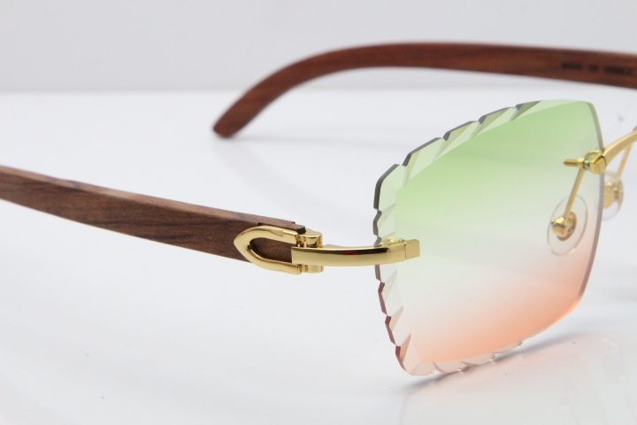 Cartier Rimless 8300816 Original Wood Sunglasses In Gold Green Mix Brown Carved Lens