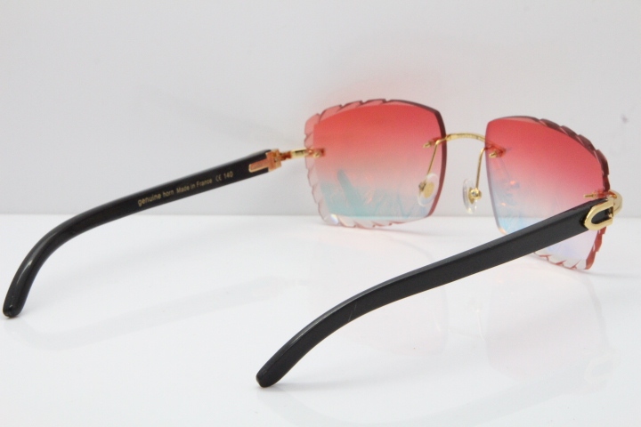 Cartier Rimless 8300816 Original Black Buffalo Horn Sunglasses In Gold Mirror Red Carved Lens