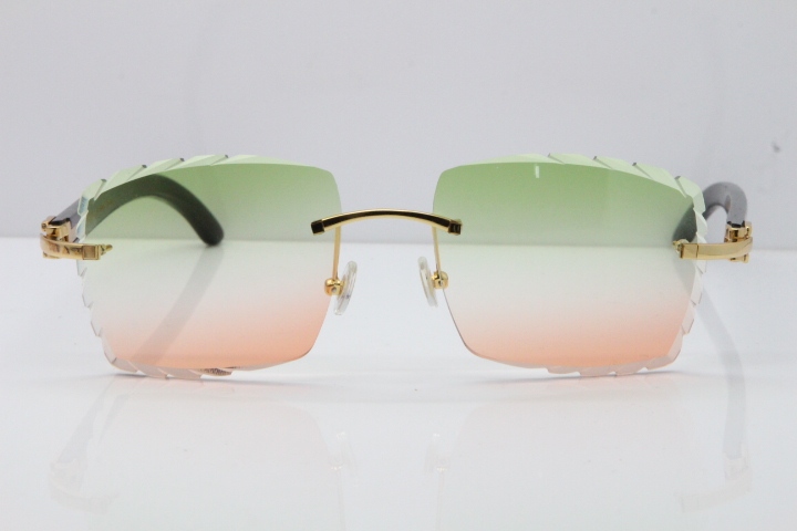 Cartier Rimless 8300816 Original Black Buffalo Horn Sunglasses In Gold Green Brown Carved Lens