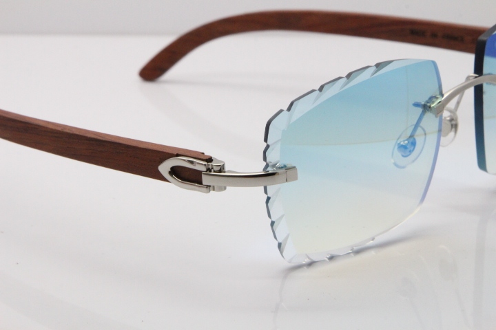 Cartier Rimless 8300816 Original Wood Sunglasses In Gold Ice Blue Carved Lens