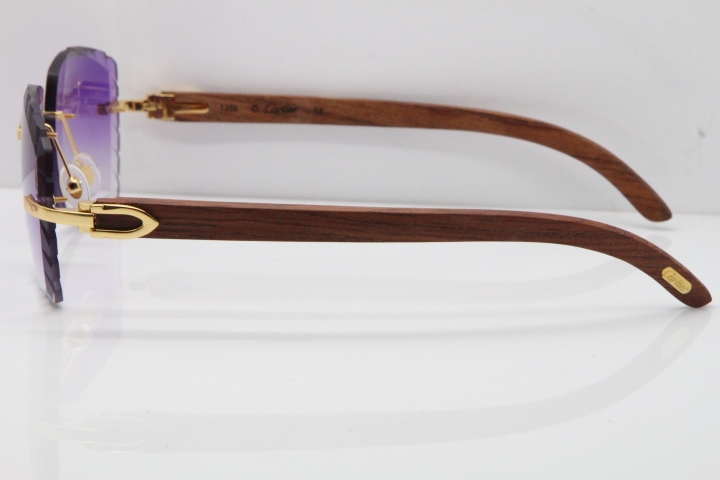 Cartier Rimless 8300816 Original Wood Sunglasses In Gold Purple Carved Lens