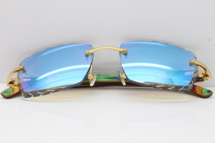 Cartier Rimless 8300816 Original Peacock Wood Sunglasses In Gold Ice Blue Carved Lens