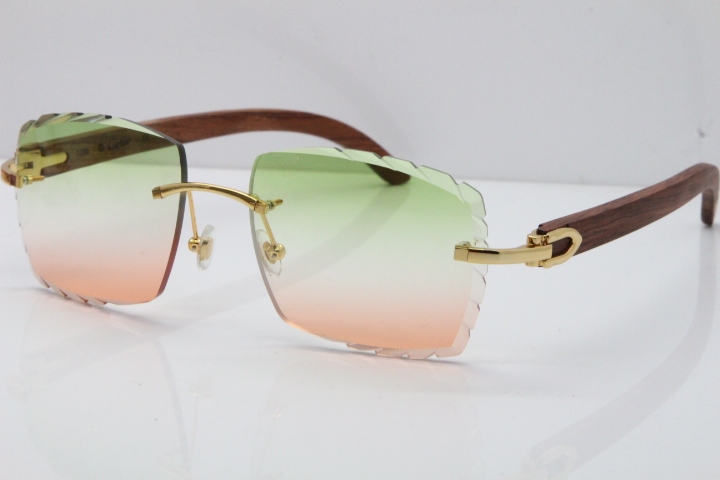 Cartier Rimless 8300816 Original Wood Sunglasses In Gold Green Mix Brown Carved Lens