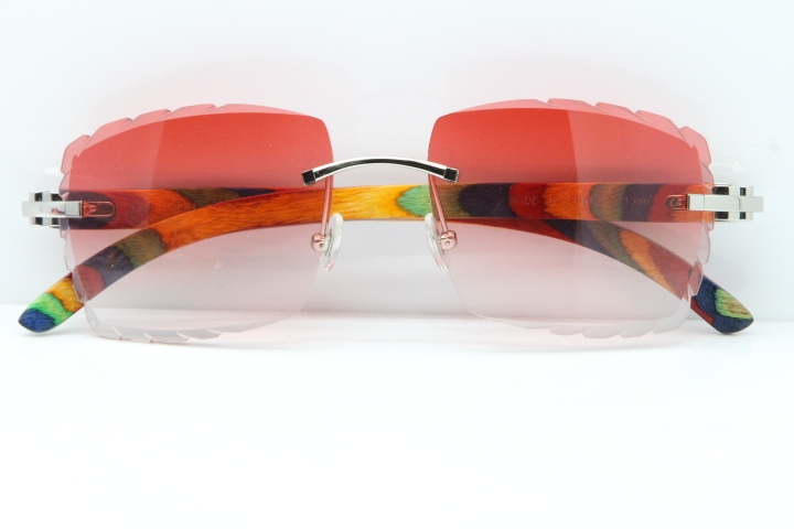 Cartier Rimless 8300816 Original Peacock Wood Sunglasses In Gold Red Carved Lens