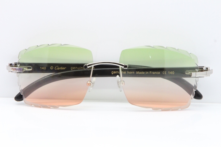 Cartier Rimless 8300816 Original Black Buffalo Horn Sunglasses In Gold Green Brown Carved Lens