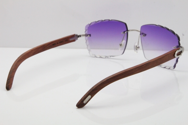 Cartier Rimless 8300816 Original Wood Sunglasses In Gold Purple Carved Lens