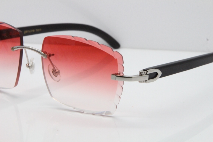 Cartier Rimless 8300816 Original Black Buffalo Horn Sunglasses In Gold Red Lens Carved Lens