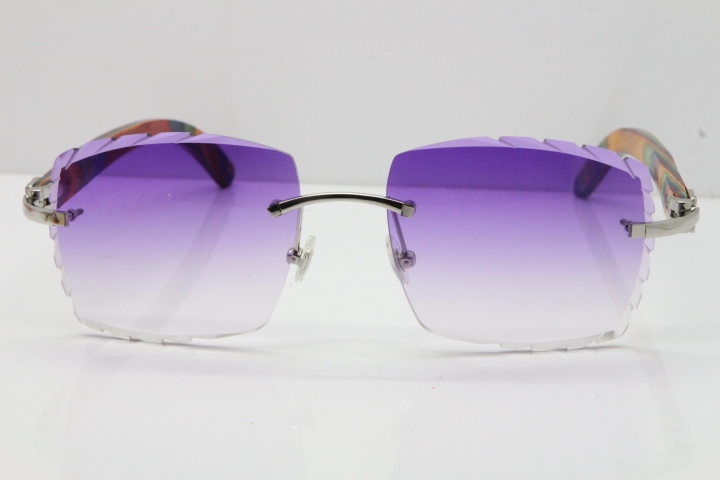 Cartier Rimless 8300816 Original Peacock Wood Sunglasses In Gold Purple Carved Lens