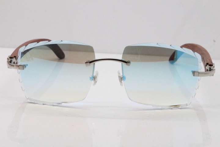 Cartier Rimless 8300816 Original Wood Sunglasses In Gold Ice Blue Carved Lens