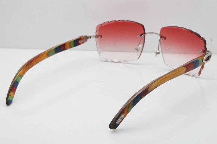 Cartier Rimless 8300816 Original Peacock Wood Sunglasses In Gold Red Carved Lens