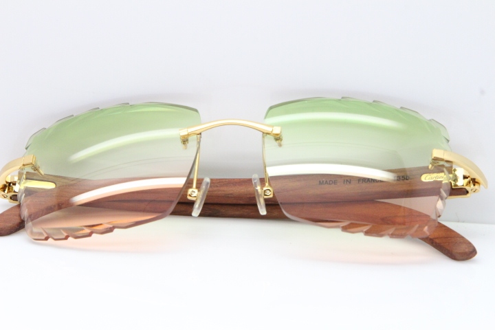 Cartier Rimless 8300816 Original Wood Sunglasses In Gold Green Mix Brown Carved Lens