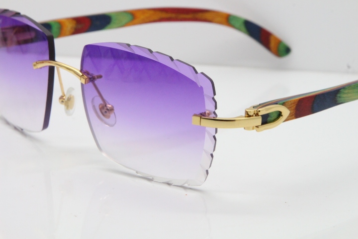 Cartier Rimless 8300816 Original Peacock Wood Sunglasses In Gold Purple Carved Lens