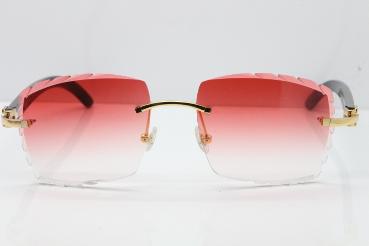 Cartier Rimless 8300816 Original Black Buffalo Horn Sunglasses In Gold Red Lens Carved Lens