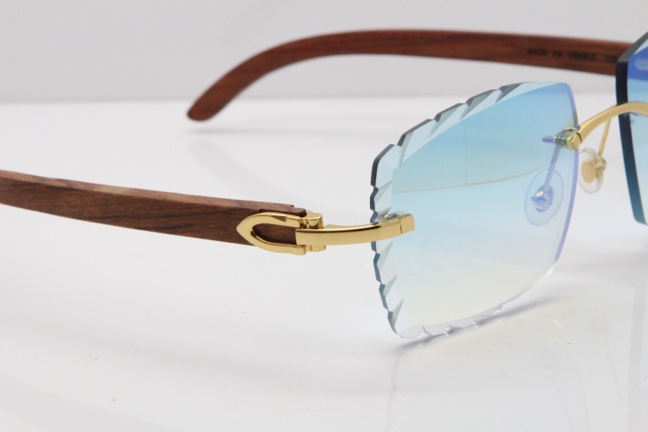 Cartier Rimless 8300816 Original Wood Sunglasses In Gold Ice Blue Carved Lens