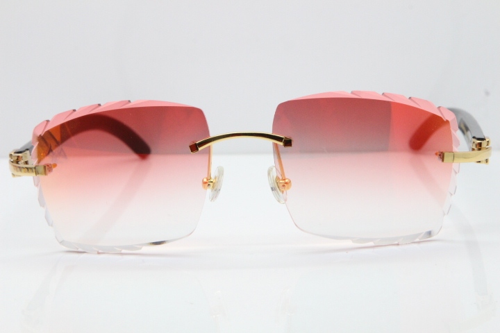 Cartier Rimless 8300816 Original Black Buffalo Horn Sunglasses In Gold Mirror Red Carved Lens