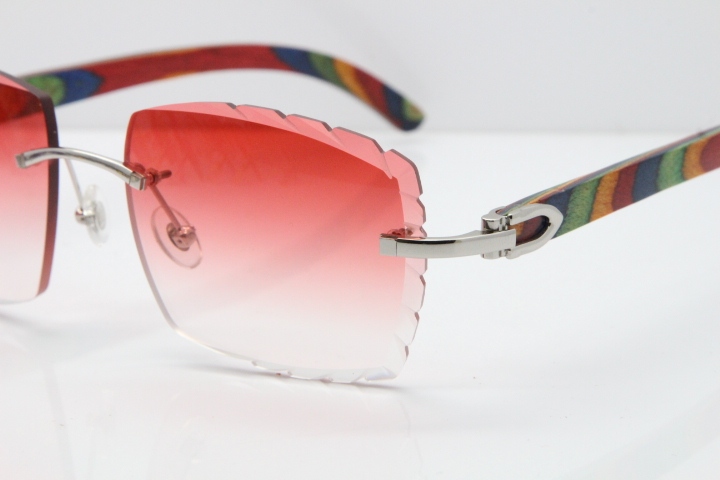 Cartier Rimless 8300816 Original Peacock Wood Sunglasses In Gold Red Carved Lens