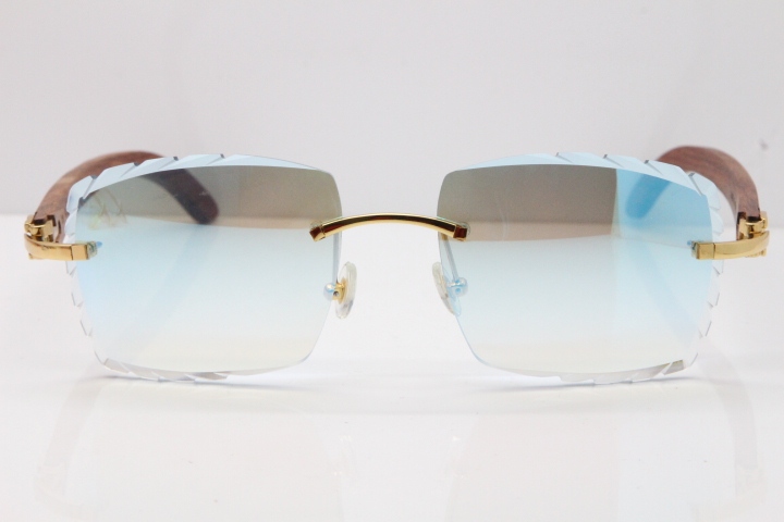 Cartier Rimless 8300816 Original Wood Sunglasses In Gold Ice Blue Carved Lens