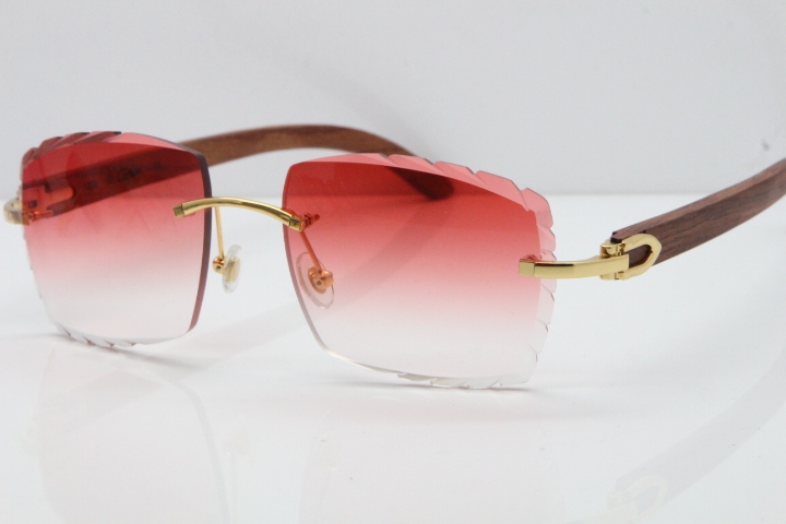 Cartier Rimless 8300816 Original Wood Sunglasses In Gold Red Carved Lens