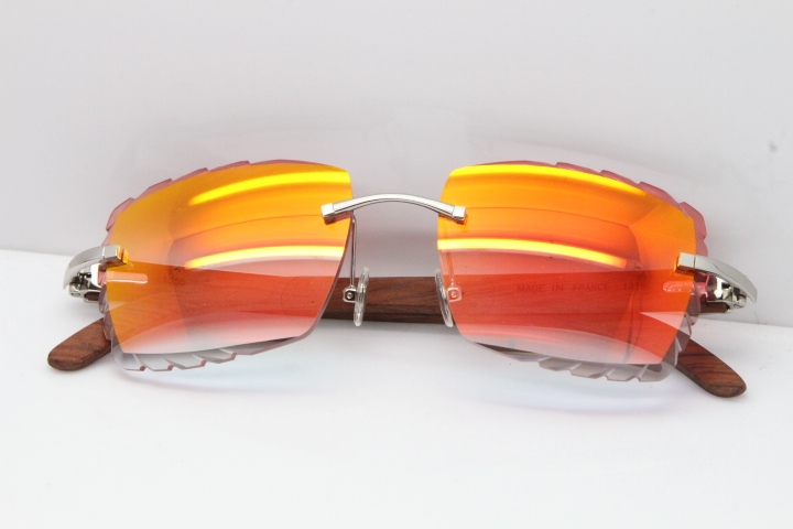 Cartier Rimless 8300816 Original Wood Sunglasses In Gold Mirror Red Carved Lens