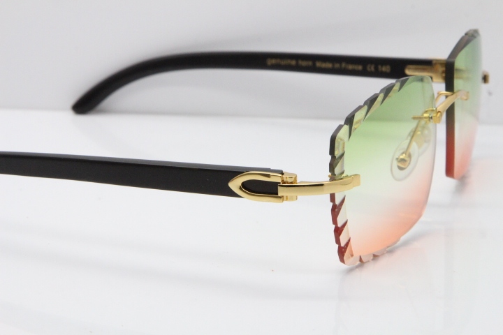 Cartier Rimless 8300816 Original Black Buffalo Horn Sunglasses In Gold Green Brown Carved Lens