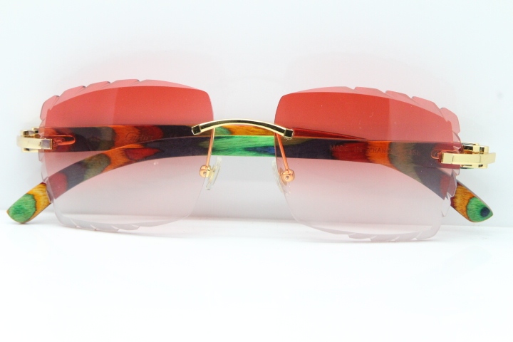 Cartier Rimless 8300816 Original Peacock Wood Sunglasses In Gold Red Carved Lens