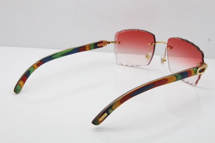 Cartier Rimless 8300816 Original Peacock Wood Sunglasses In Gold Red Carved Lens