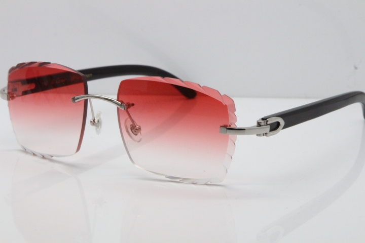 Cartier Rimless 8300816 Original Black Buffalo Horn Sunglasses In Gold Red Lens Carved Lens