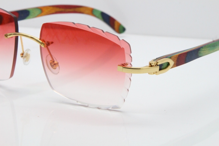 Cartier Rimless 8300816 Original Peacock Wood Sunglasses In Gold Red Carved Lens