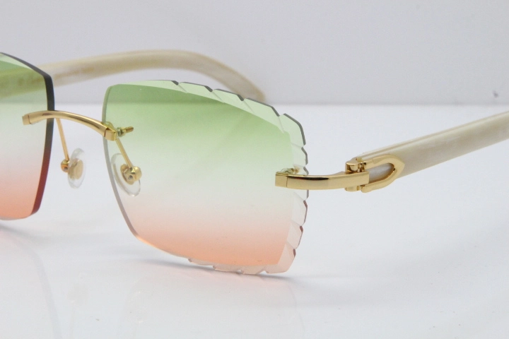 Cartier Rimless 8300816 Original White Genuine Natural Sunglasses In Gold Green Mix Brown Carved Lens