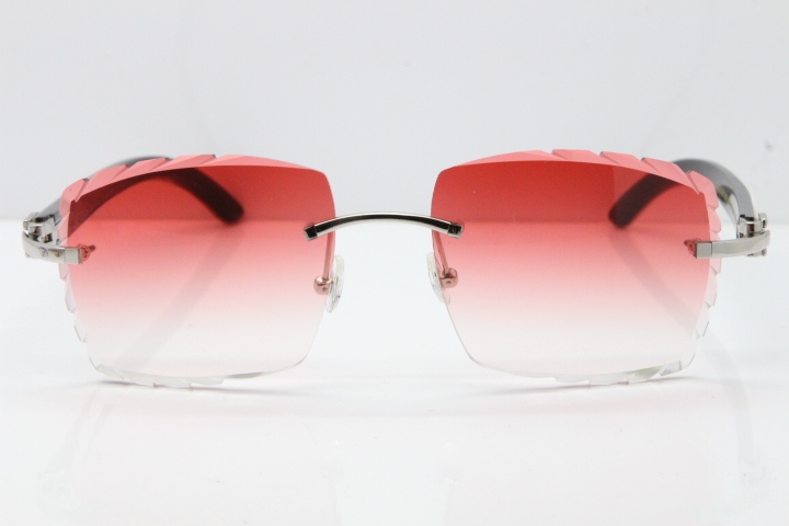 Cartier Rimless 8300816 Original White inside Black Buffalo Horn Sunglasses In Gold Red Carved Lens