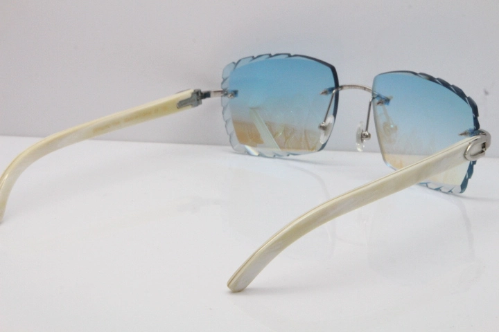 Cartier Rimless 8300816 Original White Genuine Natural Sunglasses In Gold Ice Blue Carved Lens