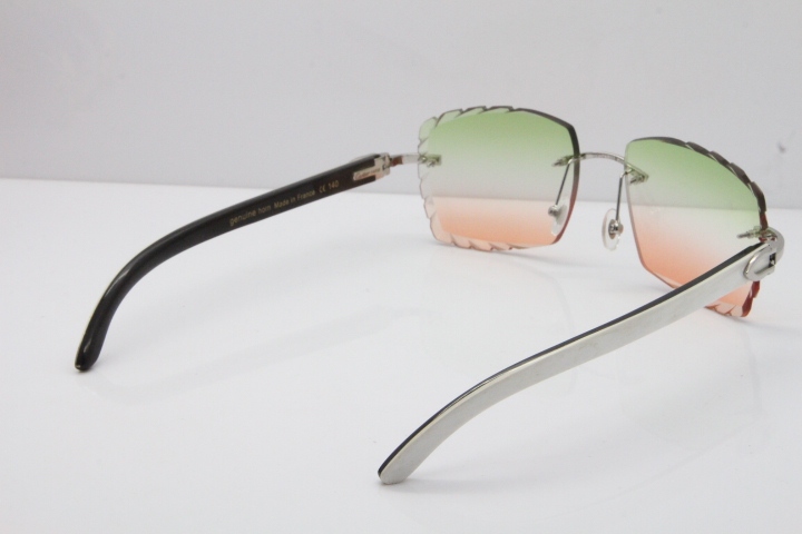 Cartier Rimless 8300816 Original White inside Black Buffalo Horn Sunglasses In Gold Green Mix Brown Carved Lens