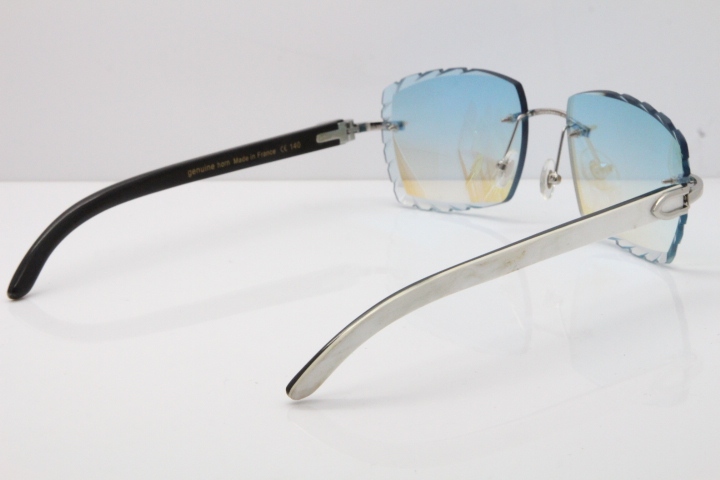 Cartier Rimless 8300816 Original White inside Black Buffalo Horn Sunglasses In Gold Ice Blue Carved Lens