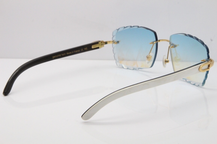 Cartier Rimless 8300816 Original White inside Black Buffalo Horn Sunglasses In Gold Ice Blue Carved Lens