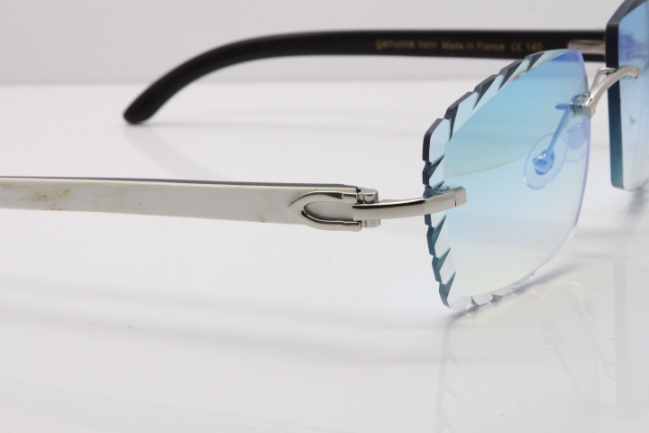 Cartier Rimless 8300816 Original White inside Black Buffalo Horn Sunglasses In Gold Ice Blue Carved Lens