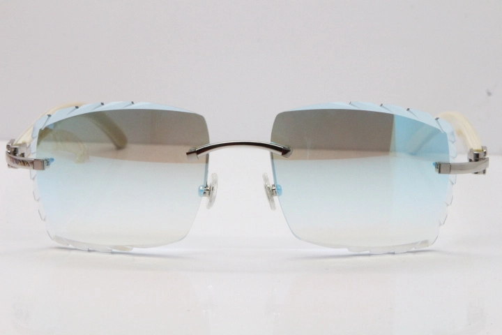 Cartier Rimless 8300816 Original White Genuine Natural Sunglasses In Gold Ice Blue Carved Lens