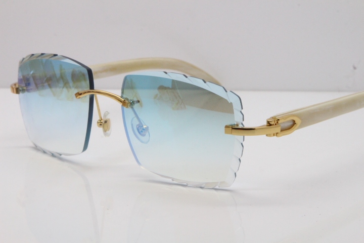 Cartier Rimless 8300816 Original White Genuine Natural Sunglasses In Gold Ice Blue Carved Lens