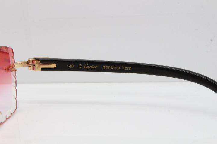 Cartier Rimless 8300816 Original White inside Black Buffalo Horn Sunglasses In Silver Mirror Red Carved Lens