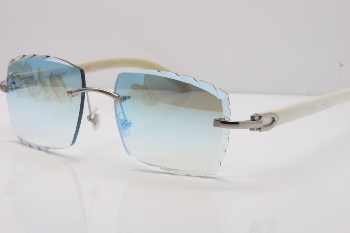 Cartier Rimless 8300816 Original White Genuine Natural Sunglasses In Gold Ice Blue Carved Lens