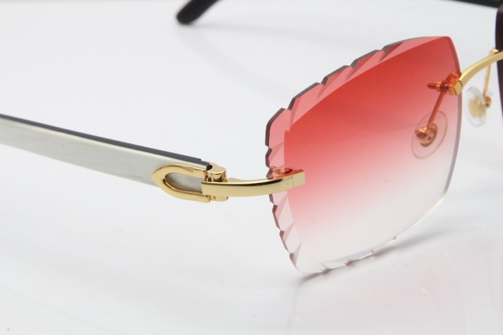 Cartier Rimless 8300816 Original White inside Black Buffalo Horn Sunglasses In Gold Red Carved Lens