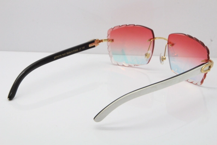 Cartier Rimless 8300816 Original White inside Black Buffalo Horn Sunglasses In Silver Mirror Red Carved Lens