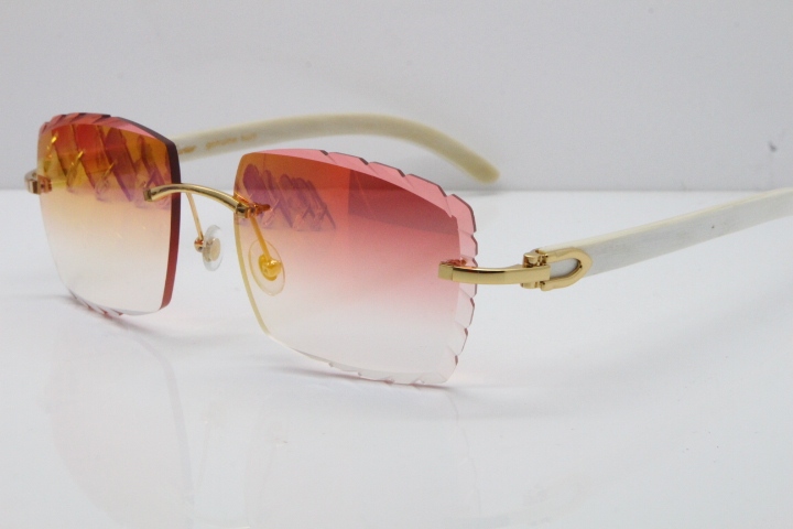 Cartier Rimless 8300816 Original White Genuine Natural Sunglasses In Gold Mirror Red Carved Lens