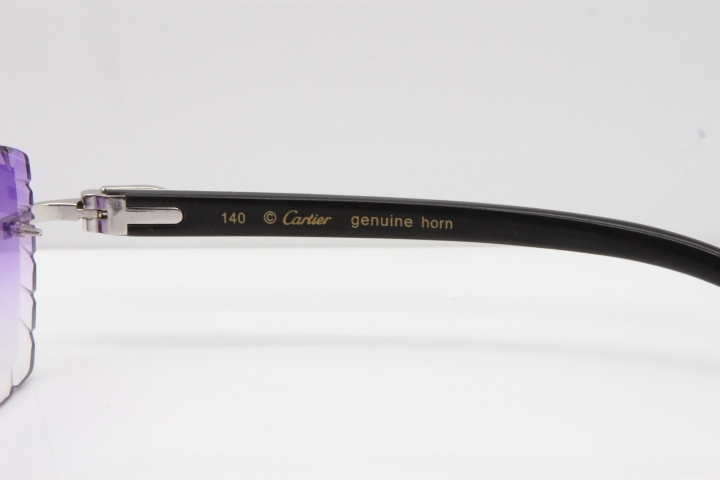 Cartier Rimless 8300816 Original White inside Black Buffalo Horn Sunglasses In Silver Purple Carved Lens