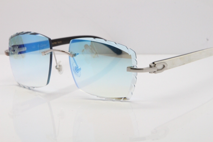 Cartier Rimless 8300816 Original White inside Black Buffalo Horn Sunglasses In Gold Ice Blue Carved Lens