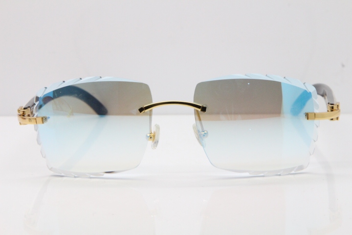 Cartier Rimless 8300816 Original White inside Black Buffalo Horn Sunglasses In Gold Ice Blue Carved Lens