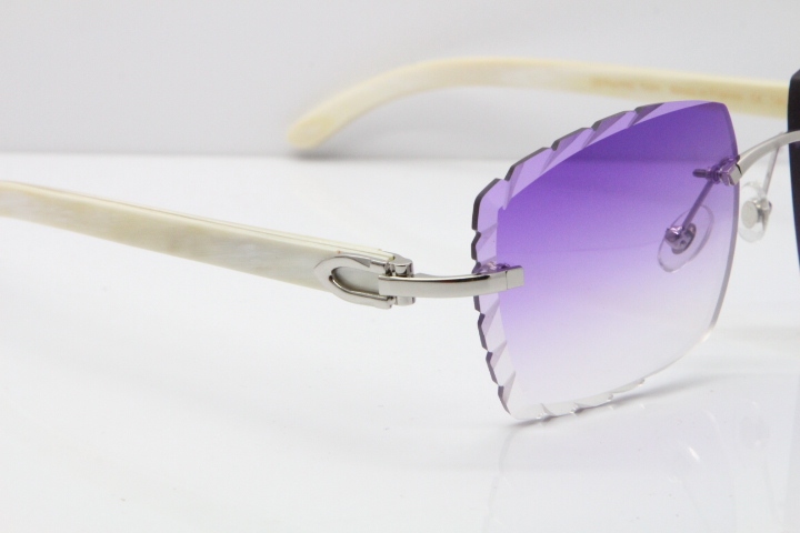 Cartier Rimless 8300816 Original White Genuine Natural Sunglasses In Gold Purple Carved Lens