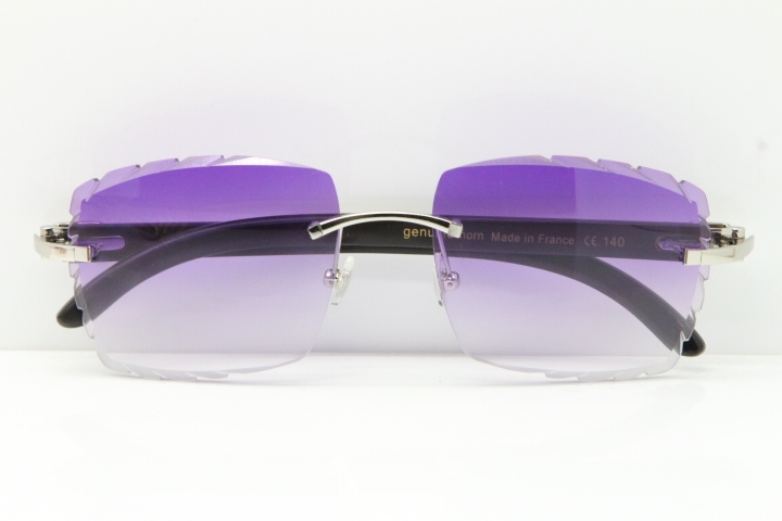 Cartier Rimless 8300816 Original White inside Black Buffalo Horn Sunglasses In Silver Purple Carved Lens