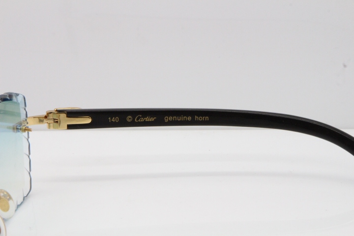 Cartier Rimless 8300816 Original White inside Black Buffalo Horn Sunglasses In Gold Ice Blue Carved Lens